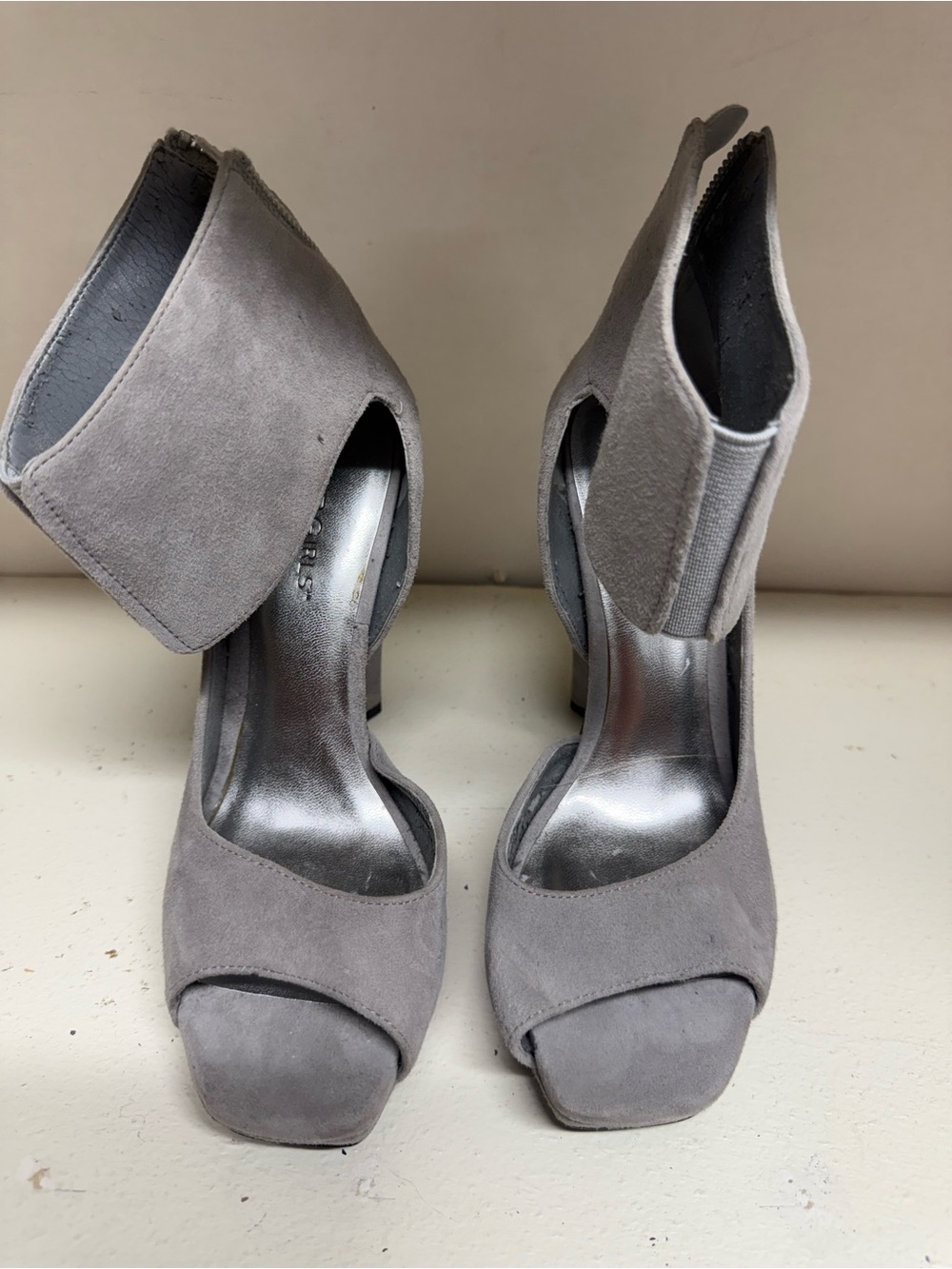BCBGirls Grey Suede Open-Toe Ankle-Cuff Heels